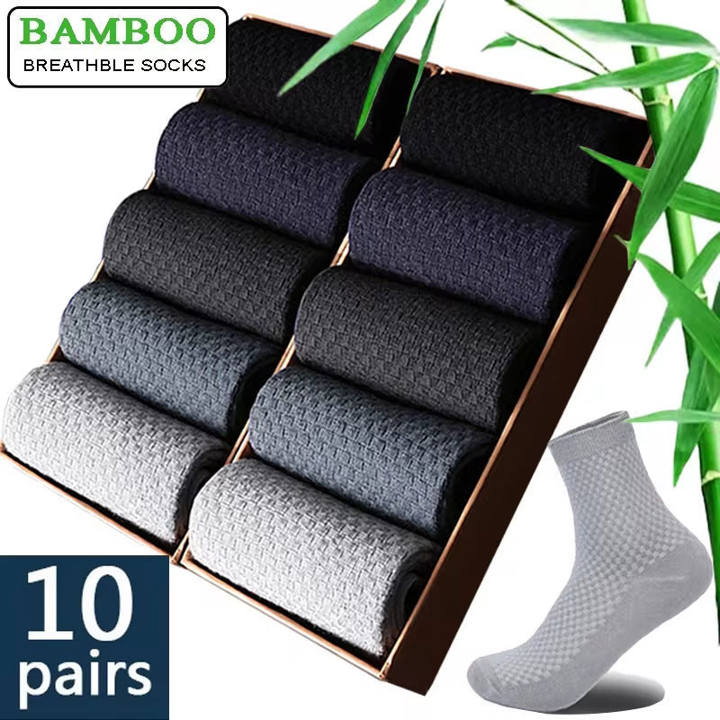 Men's Bamboo Fiber Compression Socks - 10 Pairs, Long Black Business Casual Dress Socks, Plus Size 42-45, Perfect Gift for Autumn