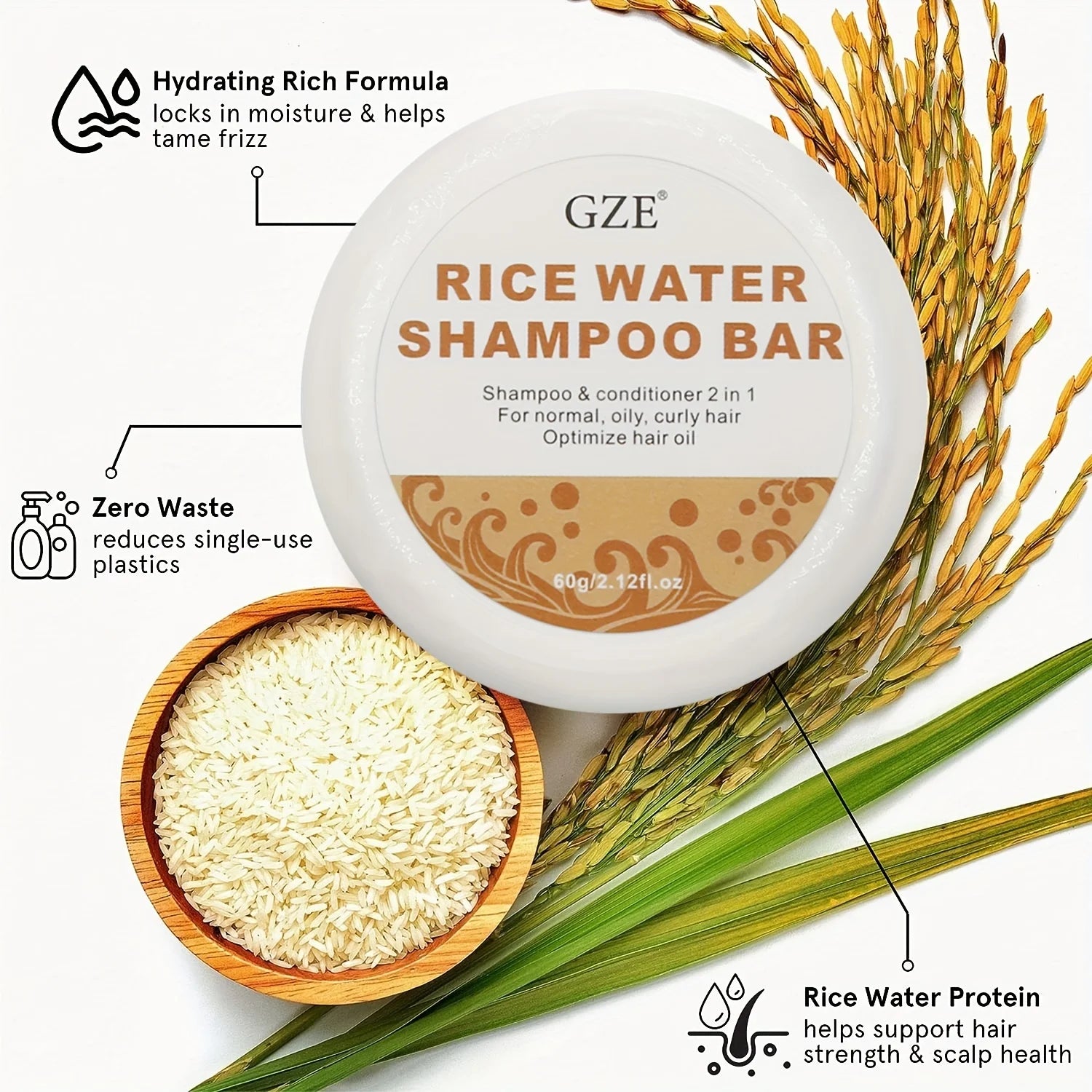 Rice Water Shampoo Bar Soap and Rice Raw Pulp Solid Conditioner for Hair Strengthening, Helps Dry Hair Moisturizing