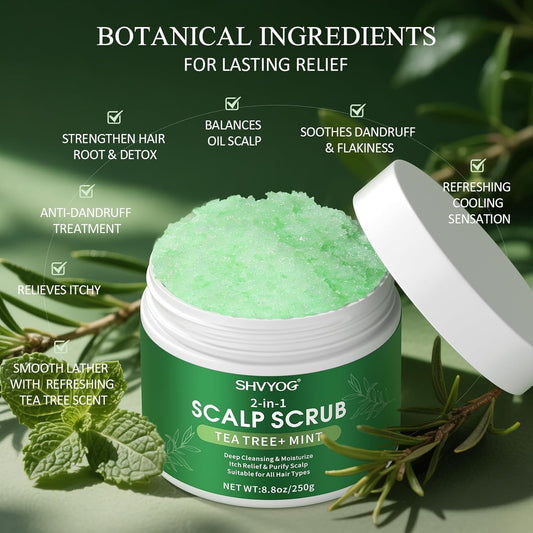 Scalp Scrub, Tea Tree & Coconut Oil Exfoliator Scrub for Itchy Scalp, Anti-Dandruff Detox Clarifying Exfoliator Shampoo with Sea Salt, Scalp Treatment with Scalp Scrubber