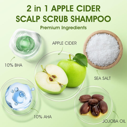 Apple Cider Scalp Scrub, 2-In-1 AHA & BHA Scalp Exfoliator Shampoo, Detox Treatment with Sea Salt, Clarify and Remove Build up with Silicone Scalp Massager, 10.6Oz/300G
