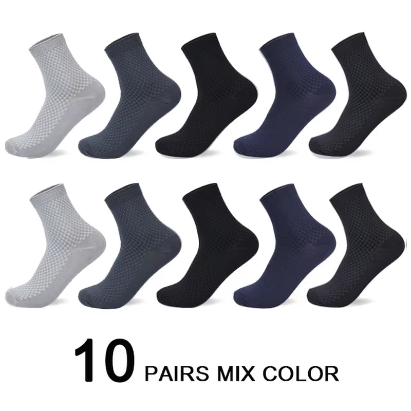 Men's Bamboo Fiber Compression Socks - 10 Pairs, Long Black Business Casual Dress Socks, Plus Size 42-45, Perfect Gift for Autumn