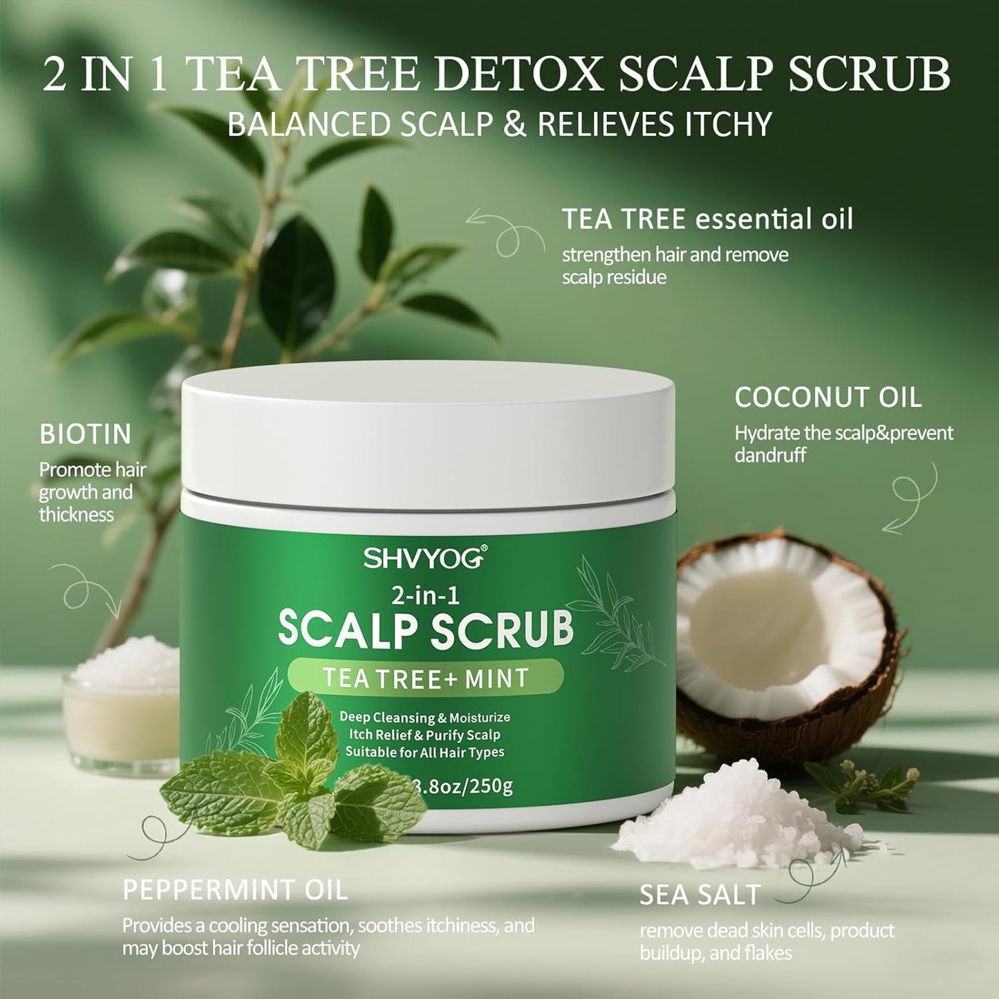 Scalp Scrub, Tea Tree & Coconut Oil Exfoliator Scrub for Itchy Scalp, Anti-Dandruff Detox Clarifying Exfoliator Shampoo with Sea Salt, Scalp Treatment with Scalp Scrubber