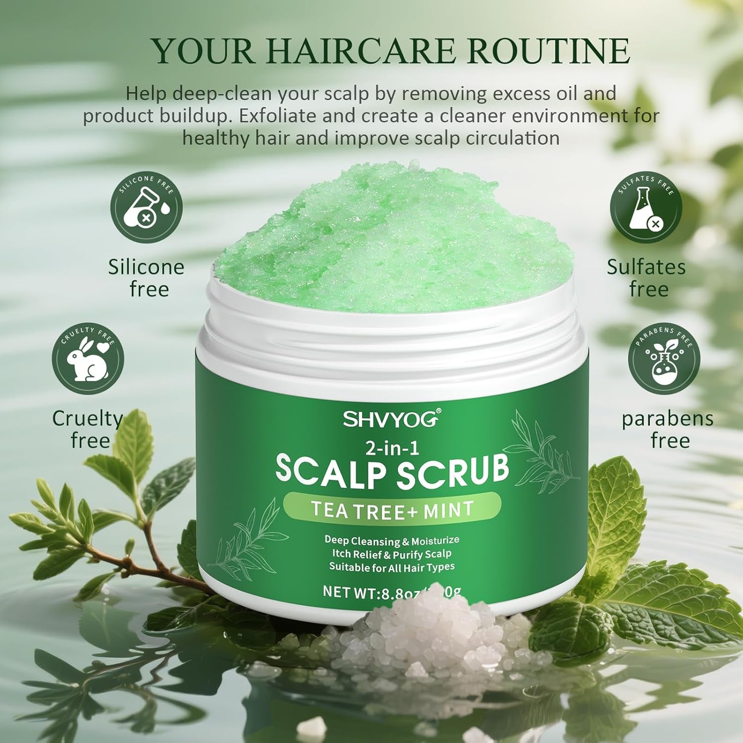 Scalp Scrub, Tea Tree & Coconut Oil Exfoliator Scrub for Itchy Scalp, Anti-Dandruff Detox Clarifying Exfoliator Shampoo with Sea Salt, Scalp Treatment with Scalp Scrubber