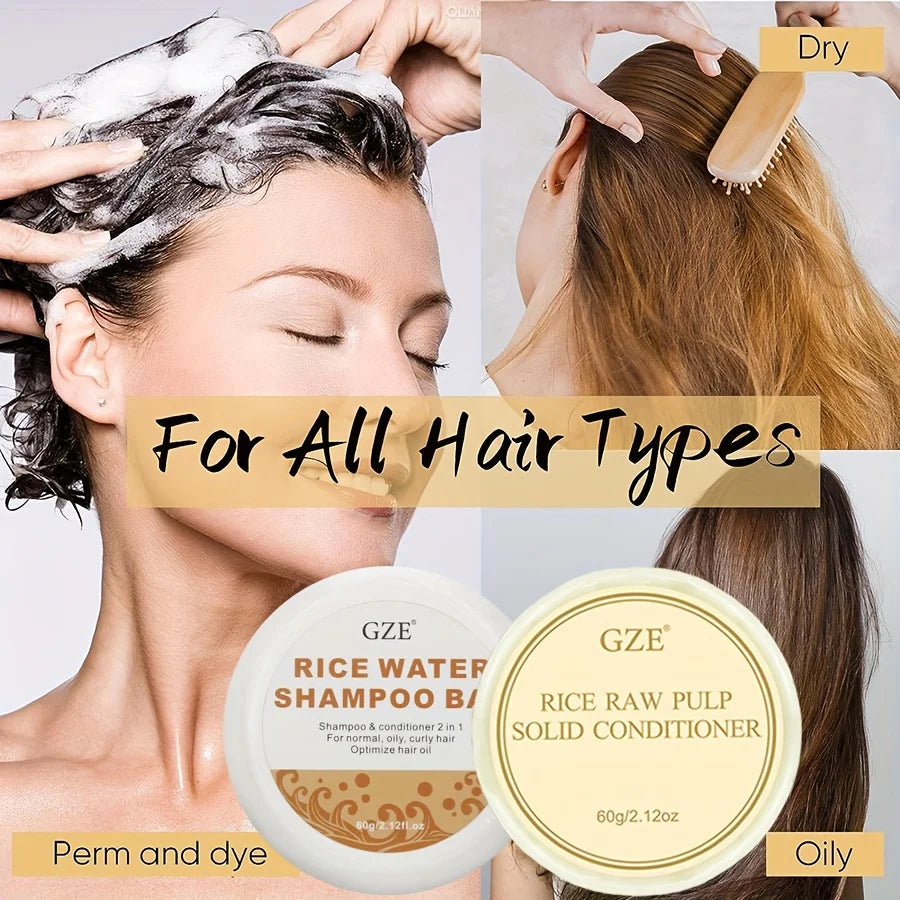 Rice Water Shampoo Bar Soap and Rice Raw Pulp Solid Conditioner for Hair Strengthening, Helps Dry Hair Moisturizing