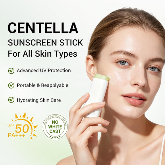Sunscreen Stick with Centella, Sunscreen Stick SPF50+ PA++++, Soothing, Moisturizing, No White Cast, Matte Sun Stick Broad Spectrum Sunblock Stick for Face & Body, 0.71 OZ
