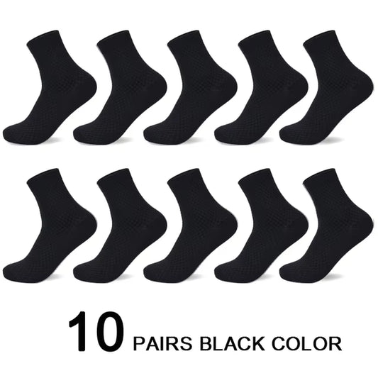 Men's Bamboo Fiber Compression Socks - 10 Pairs, Long Black Business Casual Dress Socks, Plus Size 42-45, Perfect Gift for Autumn