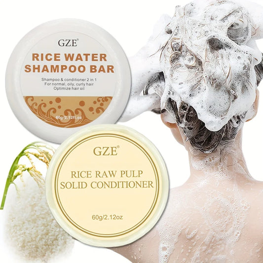 Rice Water Shampoo Bar Soap and Rice Raw Pulp Solid Conditioner for Hair Strengthening, Helps Dry Hair Moisturizing