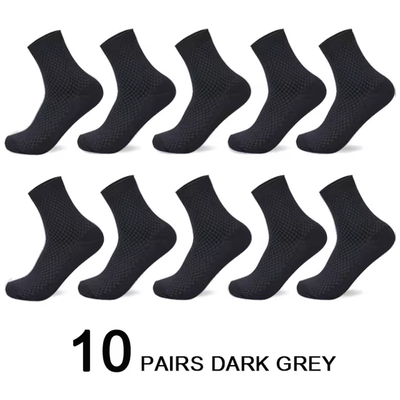 Men's Bamboo Fiber Compression Socks - 10 Pairs, Long Black Business Casual Dress Socks, Plus Size 42-45, Perfect Gift for Autumn