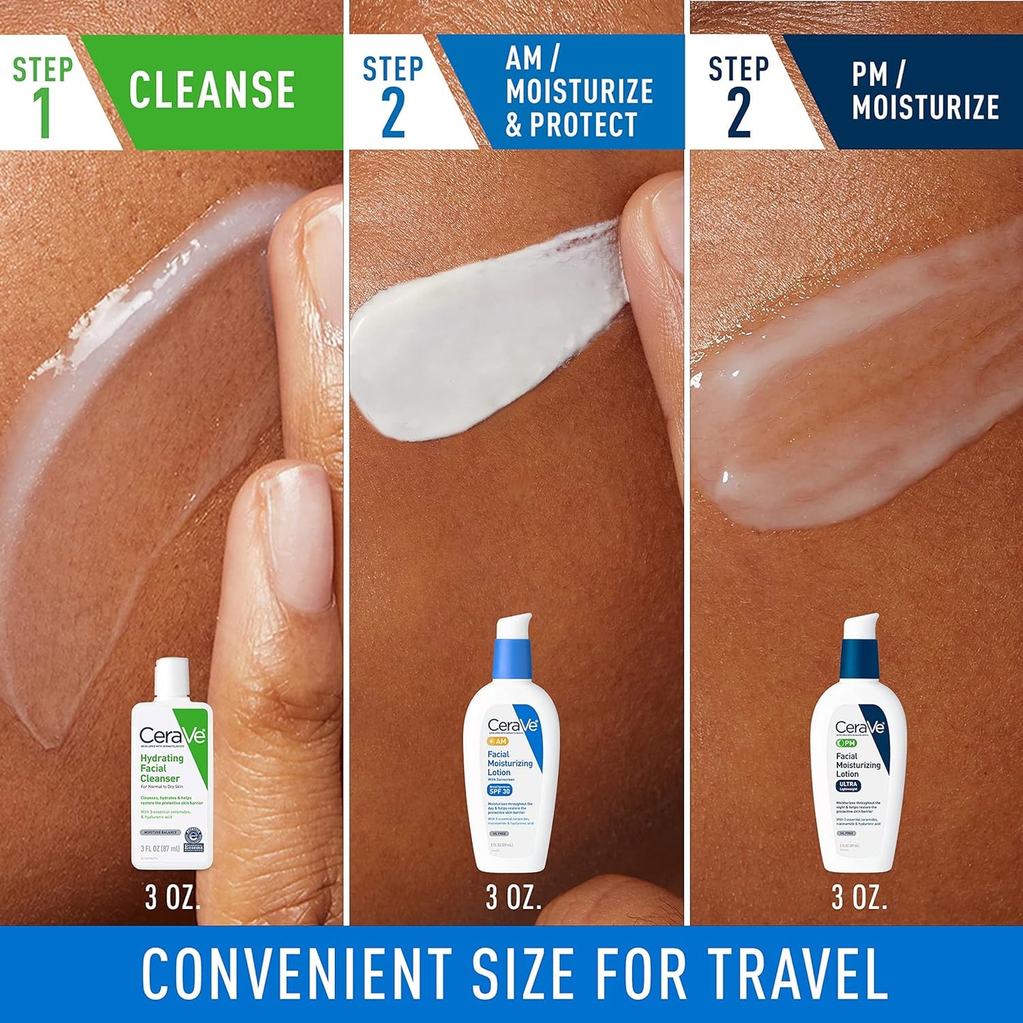 AM Face Moisturizer with SPF, PM Face Moisturizer & Hydrating Face Wash Skin Care Routine for Morning & Night | Travel Size Toiletries | 3Oz Lotion + 3Oz Lotion + 3Oz Cleanser