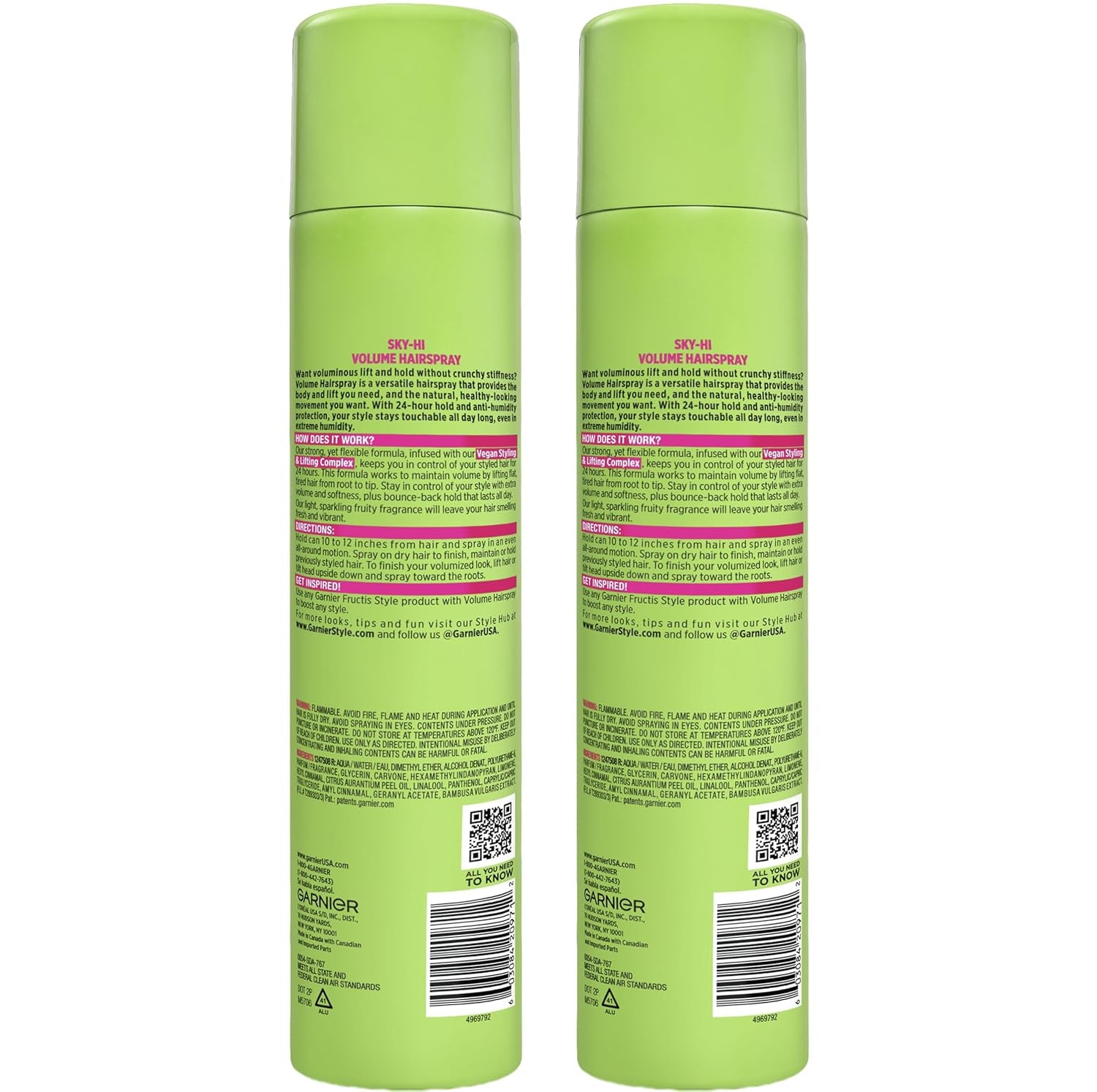 Garnier Fructis Sky-Hi Volume Hairspray, Anti-Humidity Volumizing Spray with Bamboo Extract, Provides 24-Hour of Flexible Hold and Frizz Control, 8.25 Oz, 2 Count (Packaging May Vary)